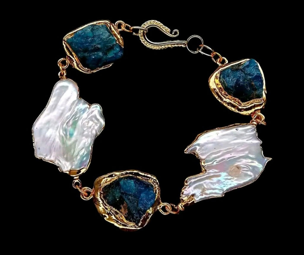 Pulsera Apatita Azul Cultivada Natural, Perla Blanca
