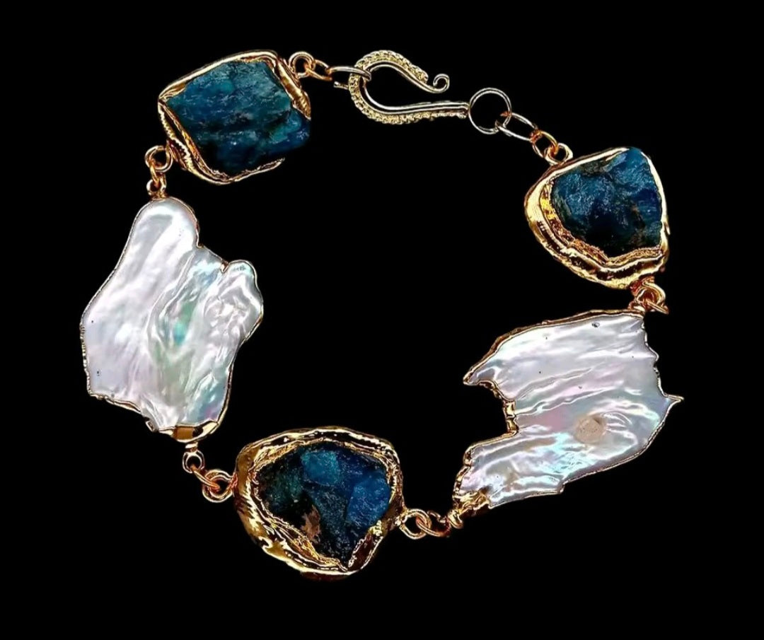 Pulsera Apatita Azul Cultivada Natural, Perla Blanca