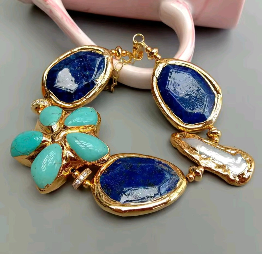 Set Collar y Pulsera Facetado Flor Turquesa