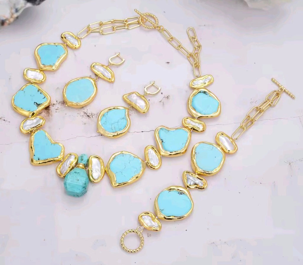 Set Collar, Pulsera y Pantallas Gemas Turquesa, Perlas Naturales