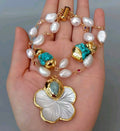 Set Pulsera y Pantalla Shell Flower Perlas Naturales Piedra Turquesa