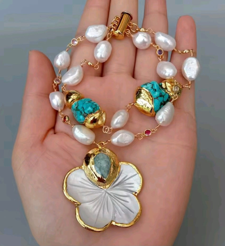Set Pulsera y Pantalla Shell Flower Perlas Naturales Piedra Turquesa