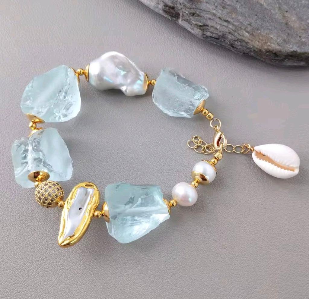 Set Pulsera y Pantallas Cuentas Cruda en Cristal Azul y Perlas Barrocas Naturales