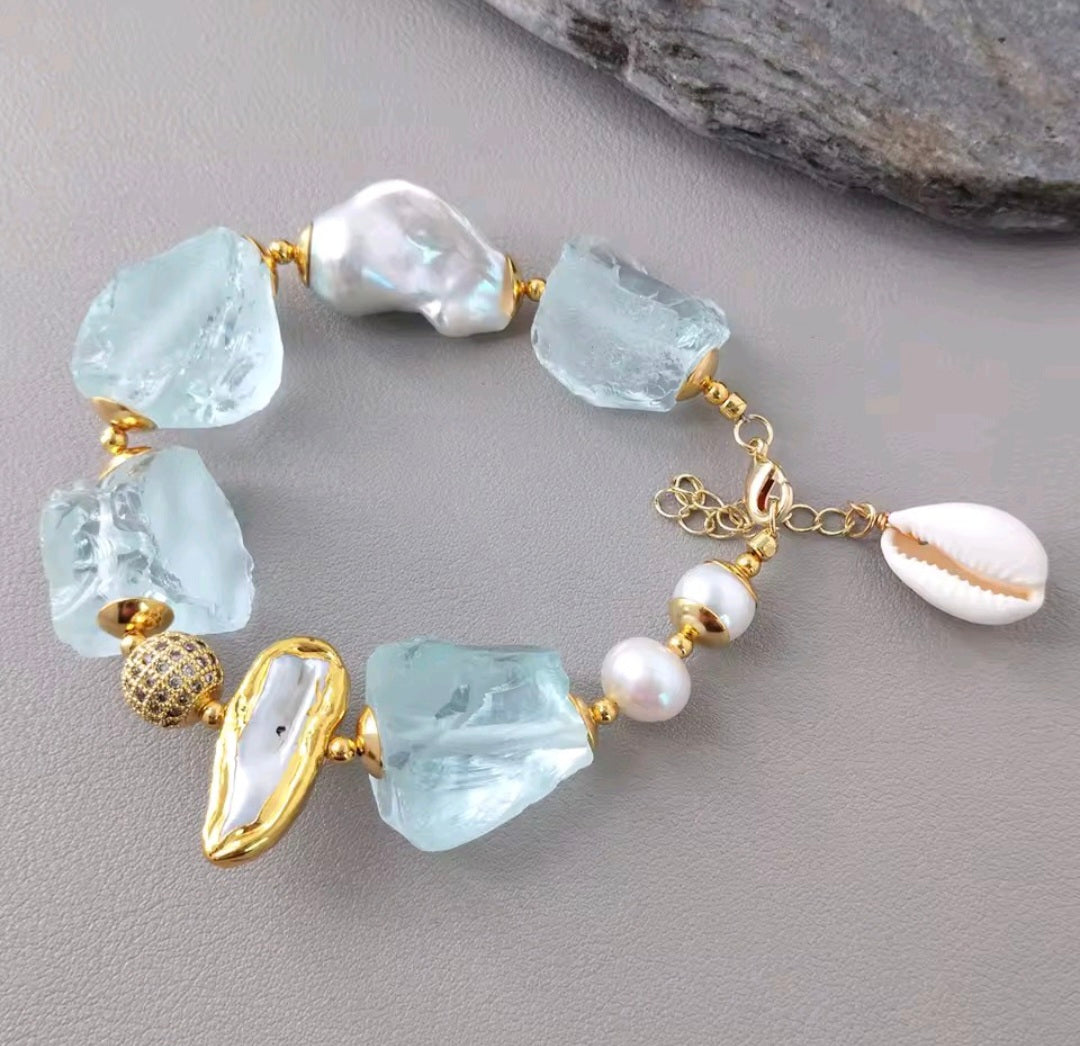 Set Pulsera y Pantallas Cuentas Cruda en Cristal Azul y Perlas Barrocas Naturales