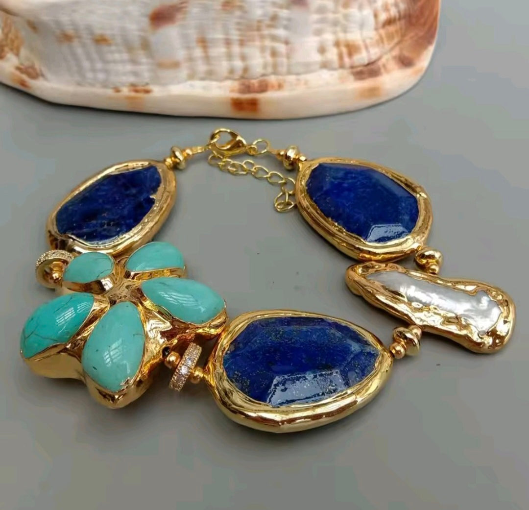 Set Collar y Pulsera Facetado Flor Turquesa