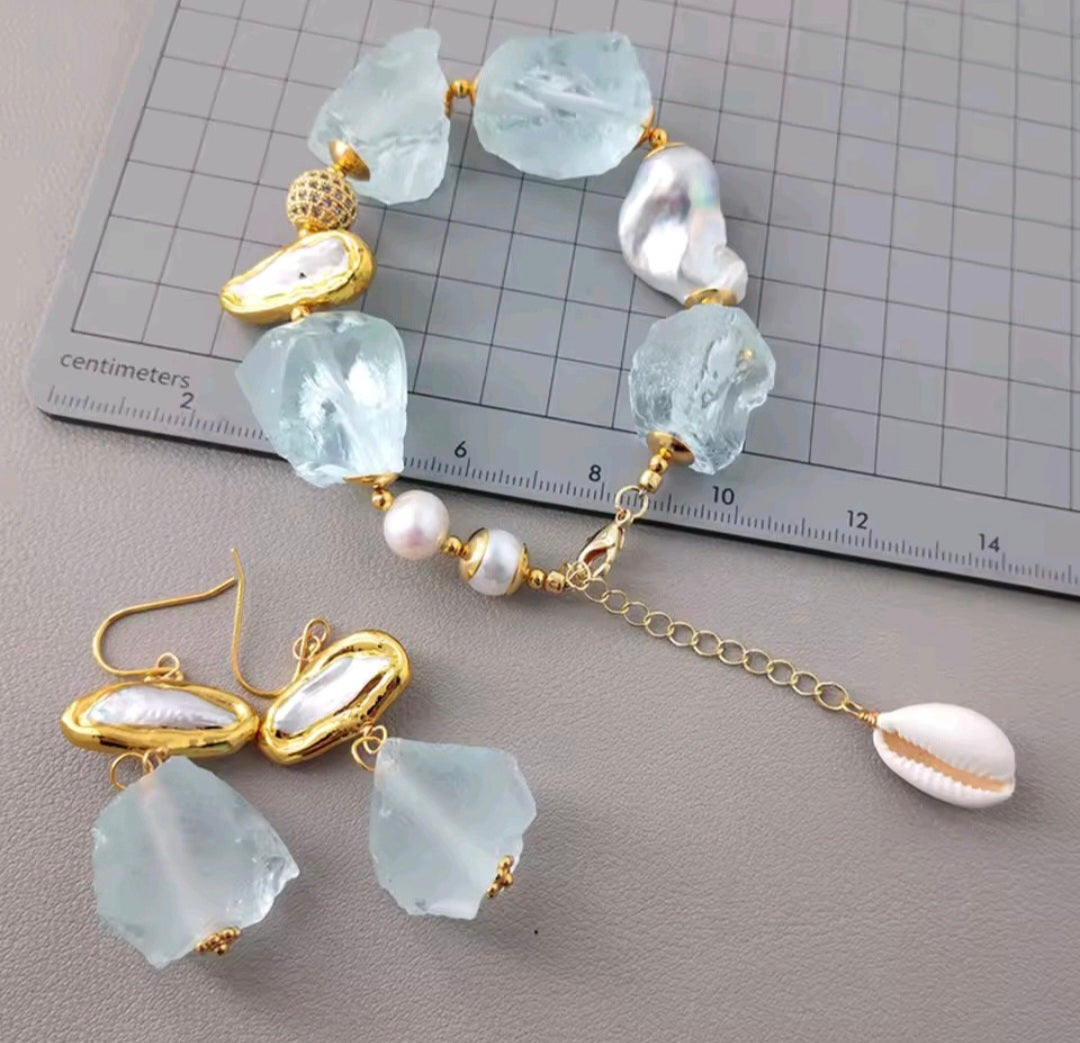 Set Pulsera y Pantallas Cuentas Cruda en Cristal Azul y Perlas Barrocas Naturales