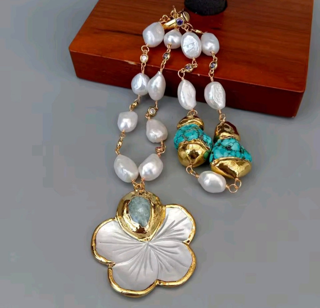 Set Pulsera y Pantalla Shell Flower Perlas Naturales Piedra Turquesa
