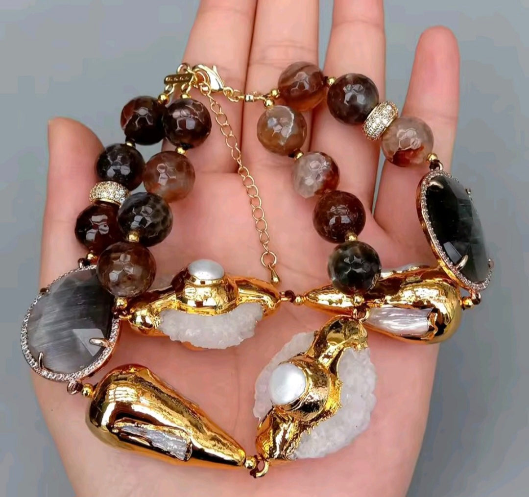 Set Collar y Pulsera Agatas de Fuego, Perla, Cuarzo