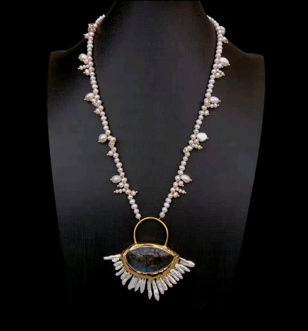 Collar de Perlas Naturales de Agua Dulce Perlas keshi de labradorita azul
