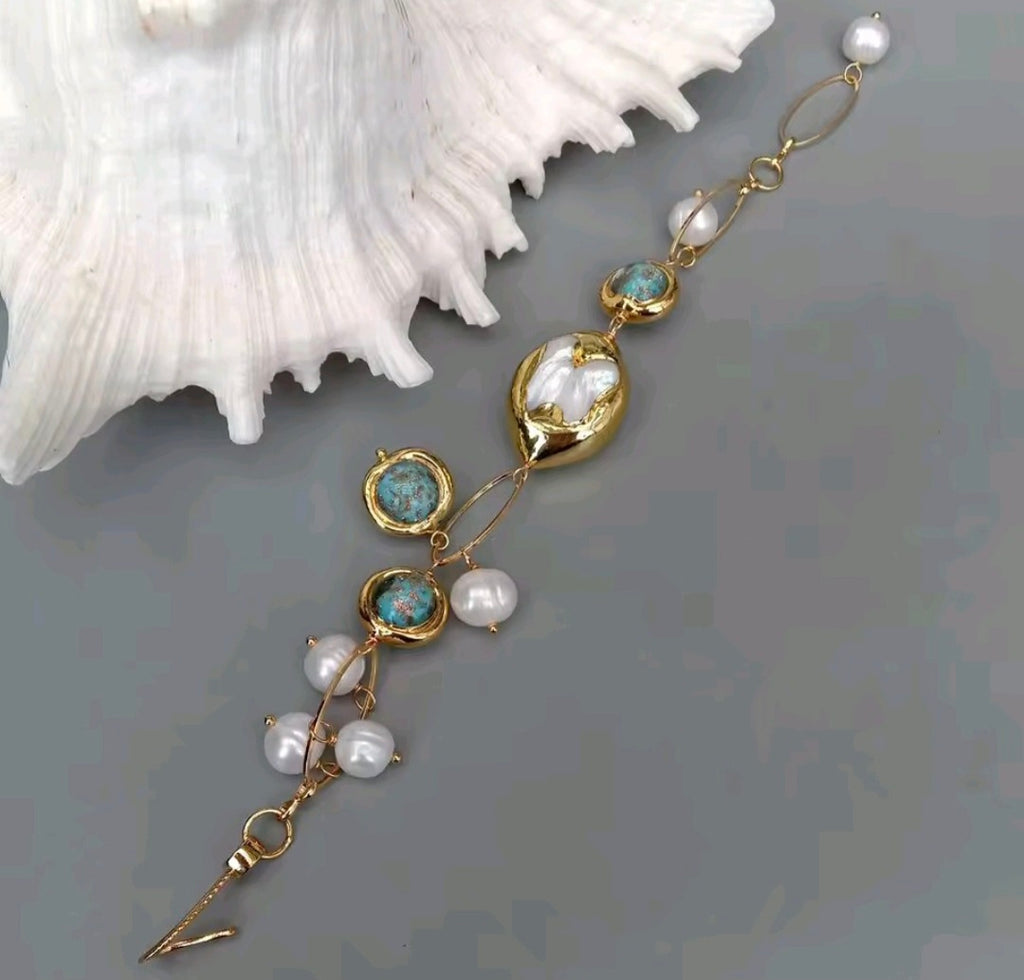 Pulsera cristal Murano Azul concha de Nacar y Perlas Cultivadas Natural