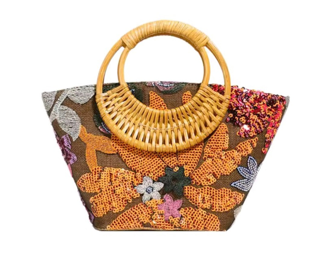 Cartera con Estampados Florales y Lentejuelas Estilo Rustico Madera