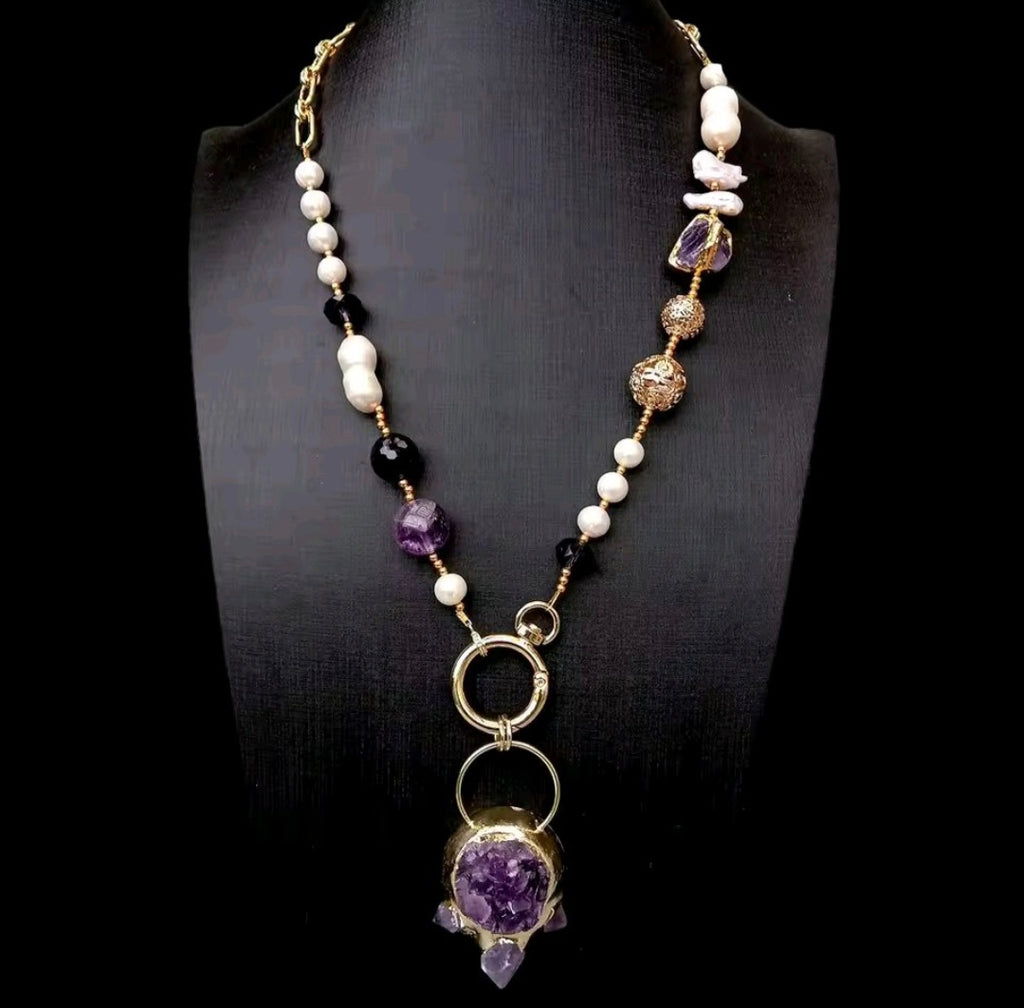 Collar Colgante de Amatista Purpura Natural, Chapado en oro 18k con Perlas Cultivadas Naturales