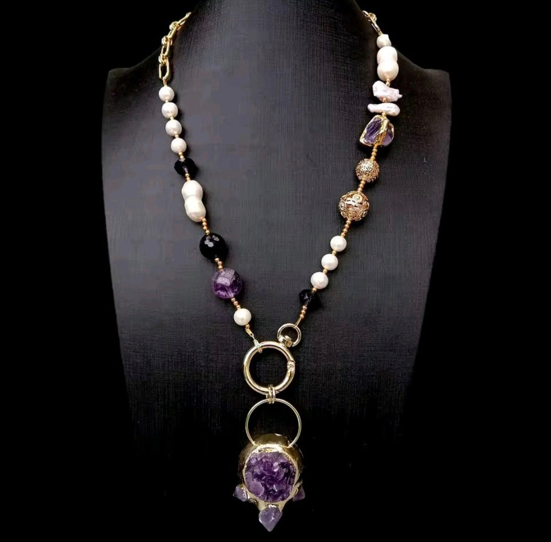 Collar Colgante de Amatista Purpura Natural, Chapado en oro 18k con Perlas Cultivadas Naturales