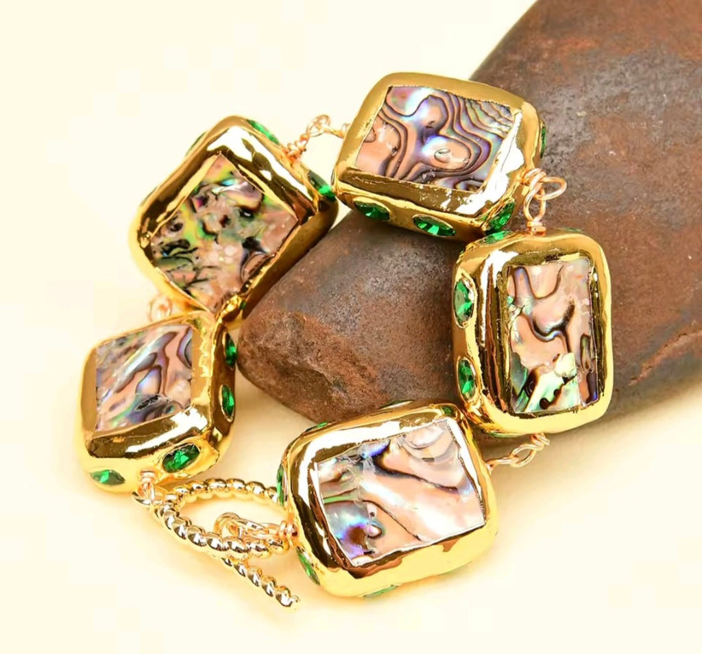 Set Collar y Pulsera Cuentas Envueltas en Cristal Verde y Concha de Abulón Arcoiris Chapado en oro 18k
