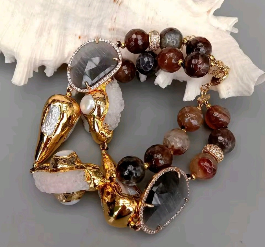 Set Collar y Pulsera Agatas de Fuego, Perla, Cuarzo