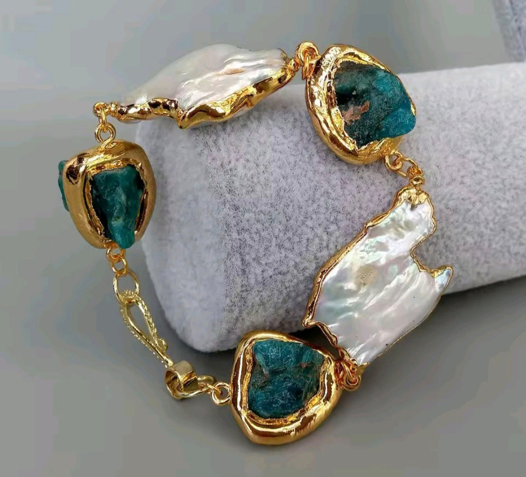 Pulsera Apatita Azul Cultivada Natural, Perla Blanca