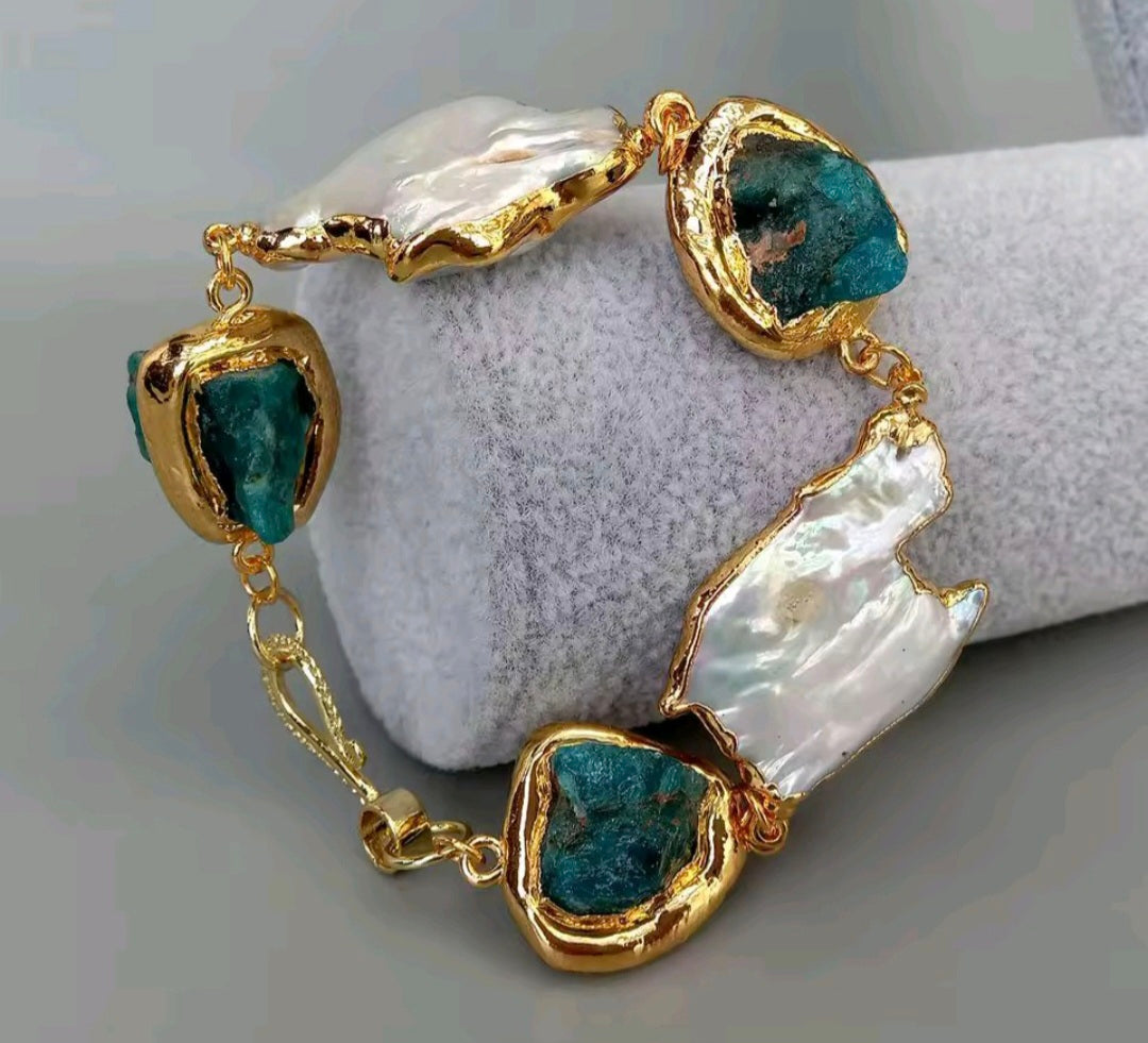 Pulsera Apatita Azul Cultivada Natural, Perla Blanca