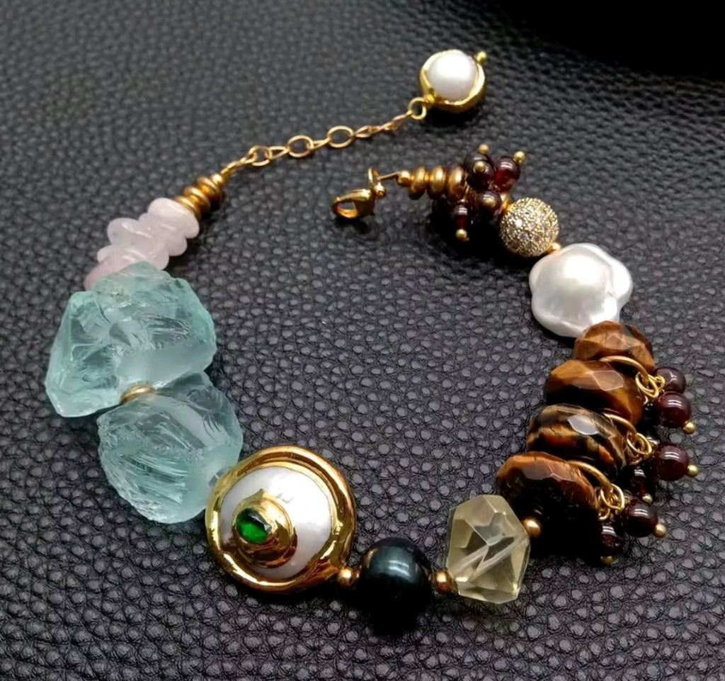 Set Pantalla y Pulsera Cuarzo Rosa, Perla de Agua Dulce Natural y Ojo de Tiguere