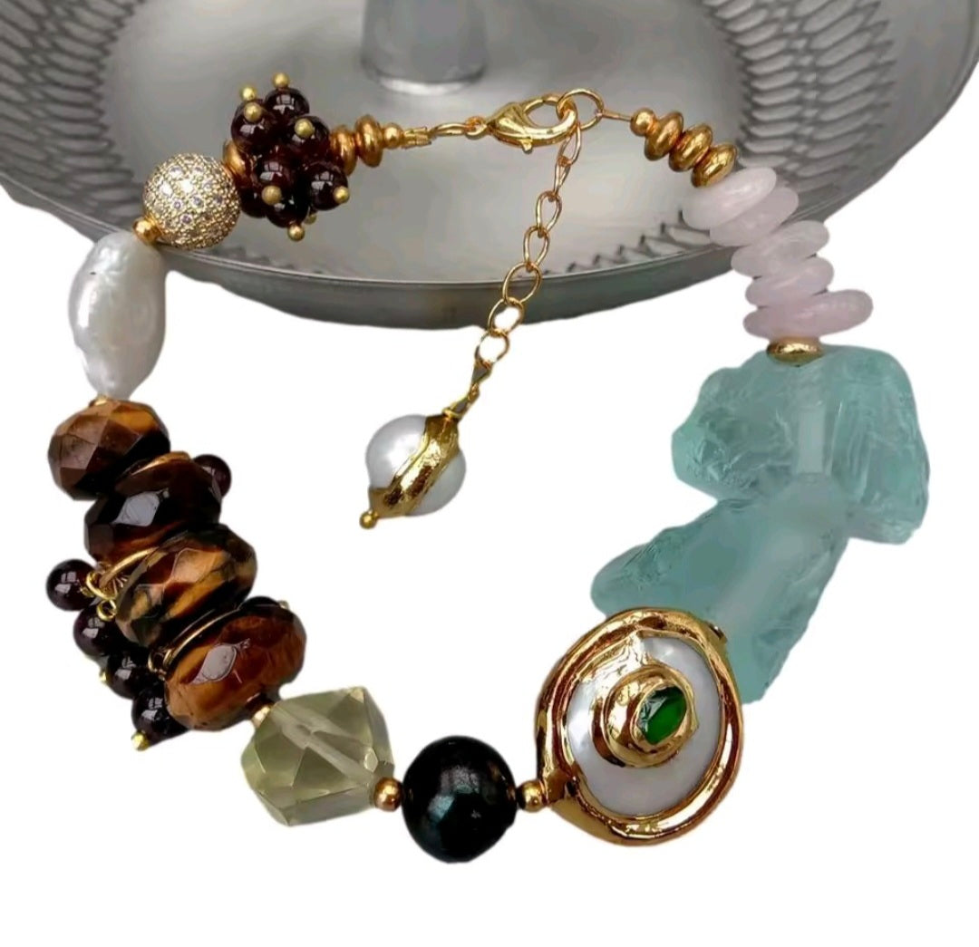Set Pantalla y Pulsera Cuarzo Rosa, Perla de Agua Dulce Natural y Ojo de Tiguere
