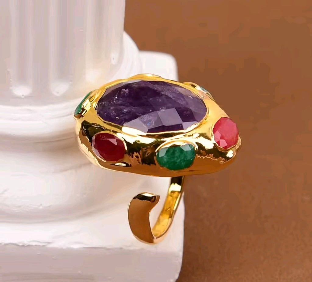 Sortija de Piedra de Jade Rojo y Verde en Cuarzo, Amatista Purpura