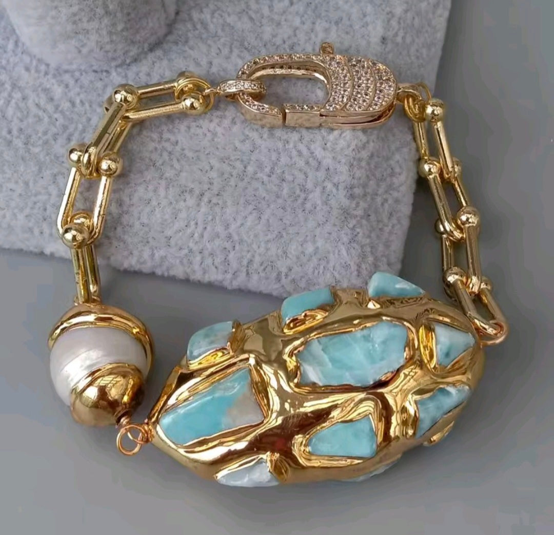 Pulsera Chips de Larimar Azul y Perla Natural