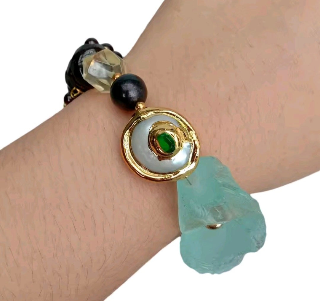 Set Pantalla y Pulsera Cuarzo Rosa, Perla de Agua Dulce Natural y Ojo de Tiguere