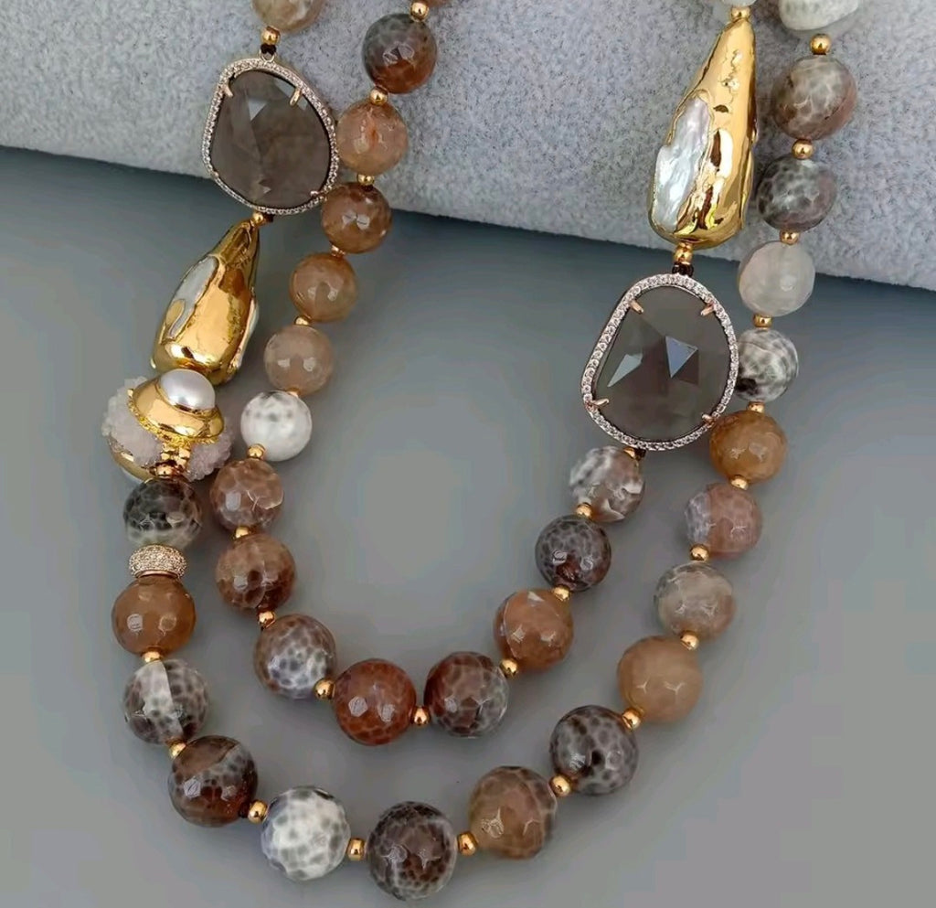 Set Collar y Pulsera Agatas de Fuego, Perla, Cuarzo
