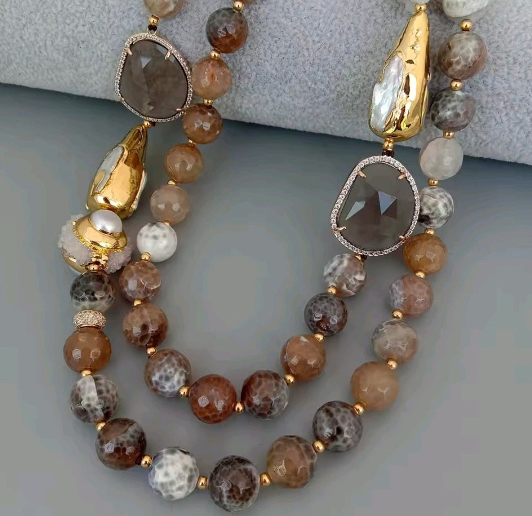 Set Collar y Pulsera Agatas de Fuego, Perla, Cuarzo