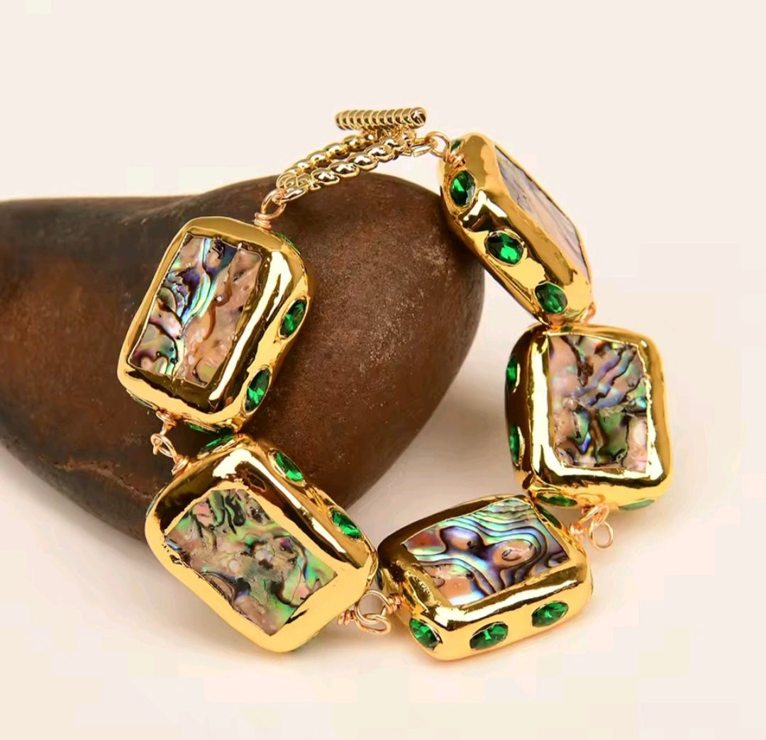 Set Collar y Pulsera Cuentas Envueltas en Cristal Verde y Concha de Abulón Arcoiris Chapado en oro 18k