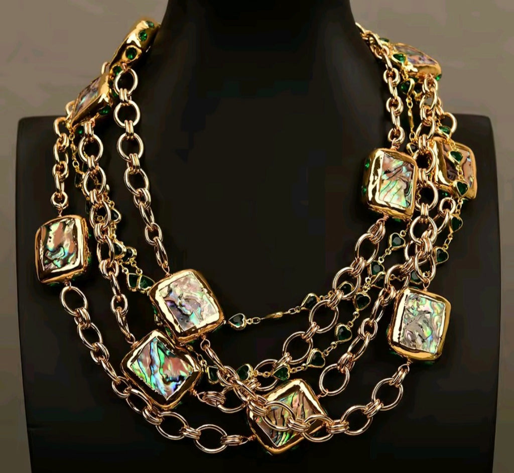 Set Collar y Pulsera Cuentas Envueltas en Cristal Verde y Concha de Abulón Arcoiris Chapado en oro 18k
