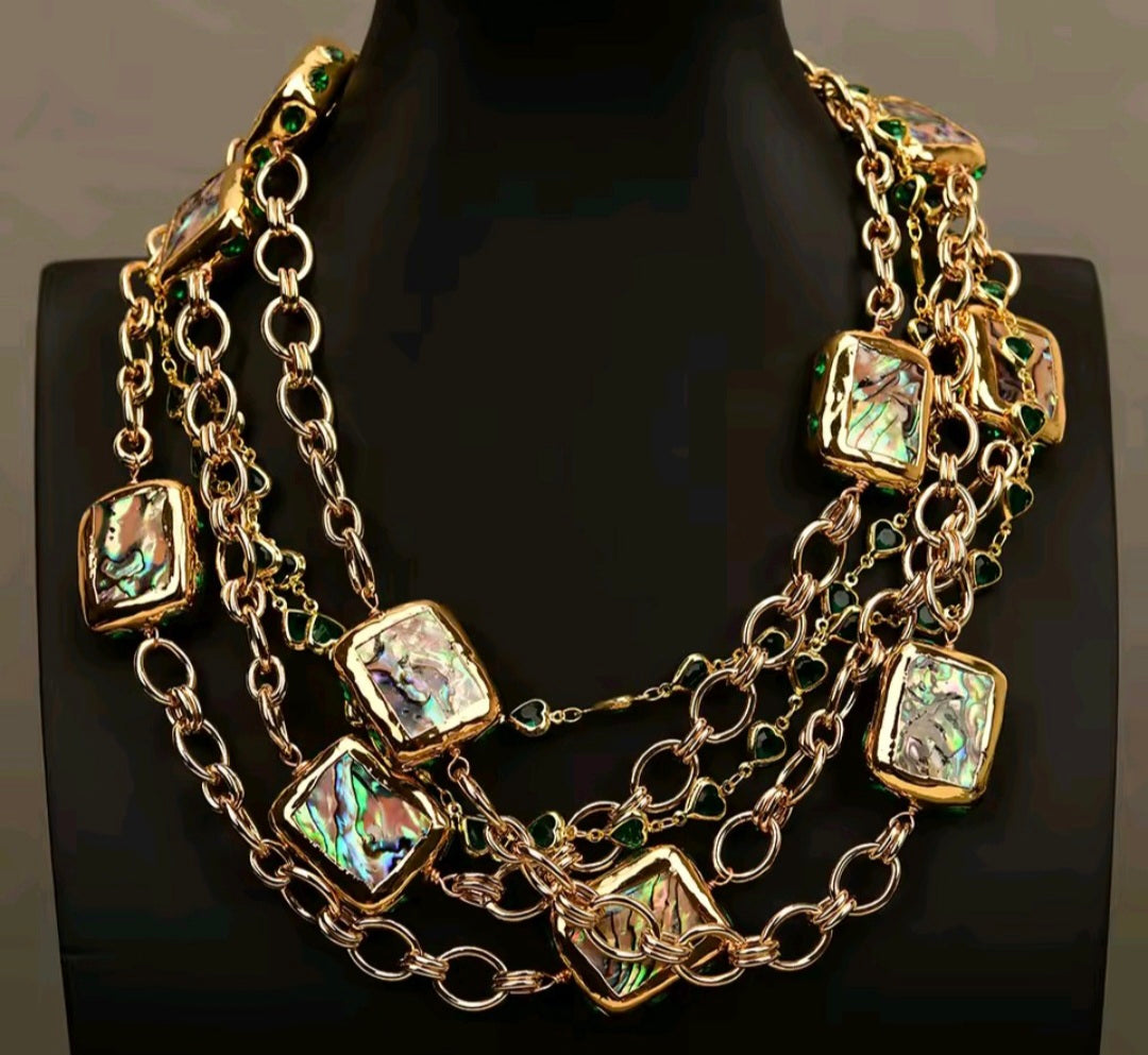 Set Collar y Pulsera Cuentas Envueltas en Cristal Verde y Concha de Abulón Arcoiris Chapado en oro 18k