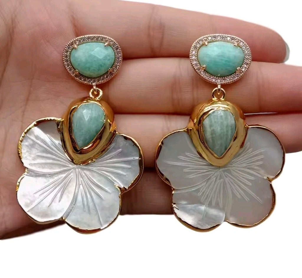 Set Pulsera y Pantalla Shell Flower Perlas Naturales Piedra Turquesa