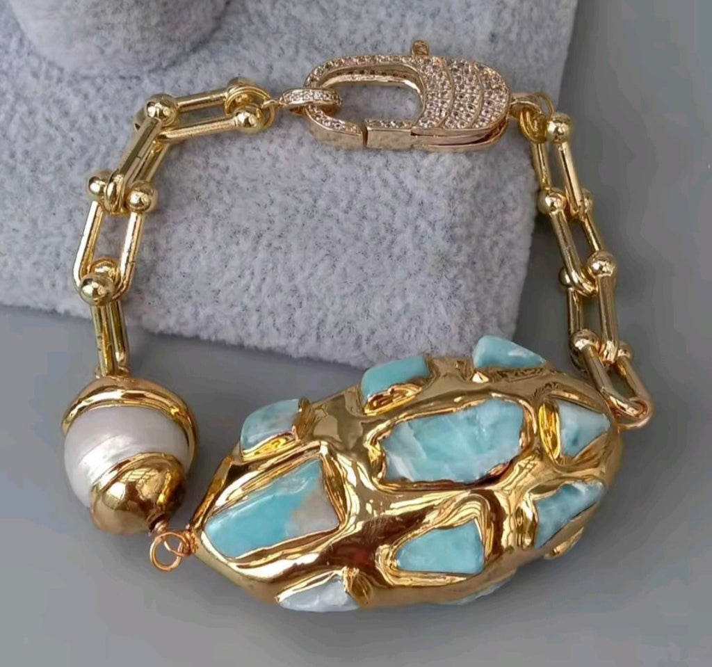 Pulsera Chips de Larimar Azul y Perla Natural