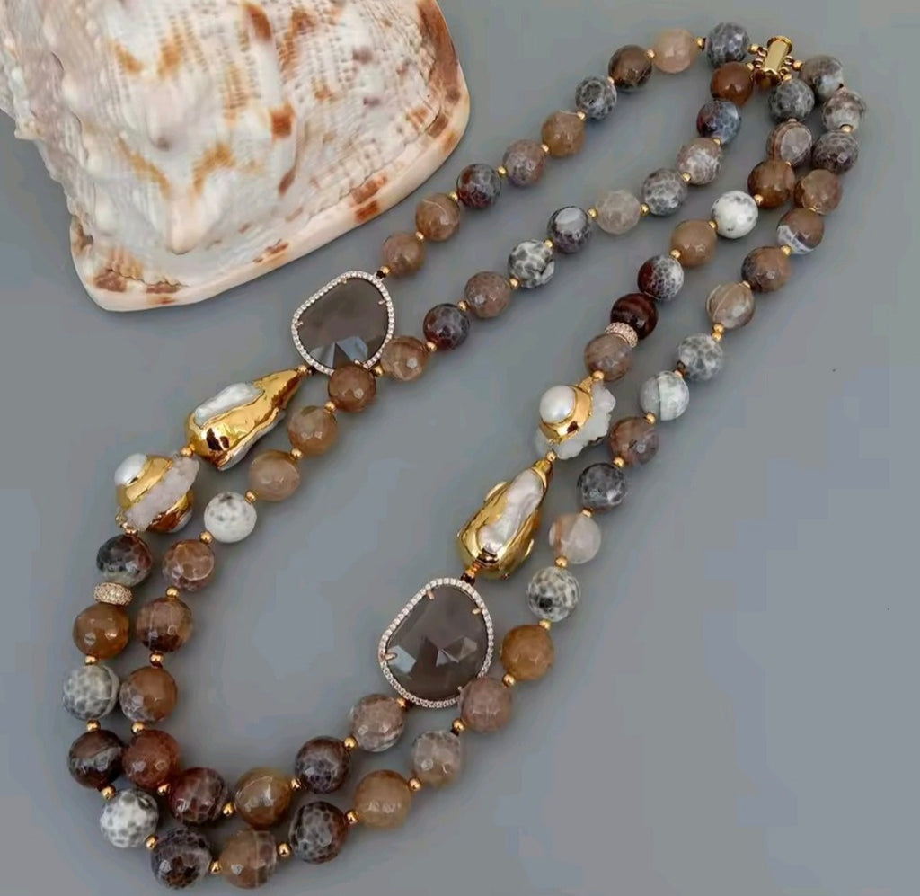 Set Collar y Pulsera Agatas de Fuego, Perla, Cuarzo