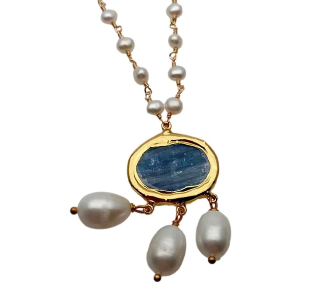 Collar Perlas Naturales Cultivadas en Agua Dulce Colgante en Perla Arroz Cianita Azul