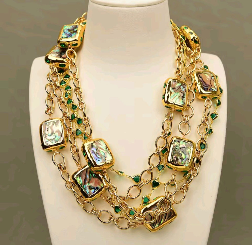 Set Collar y Pulsera Cuentas Envueltas en Cristal Verde y Concha de Abulón Arcoiris Chapado en oro 18k