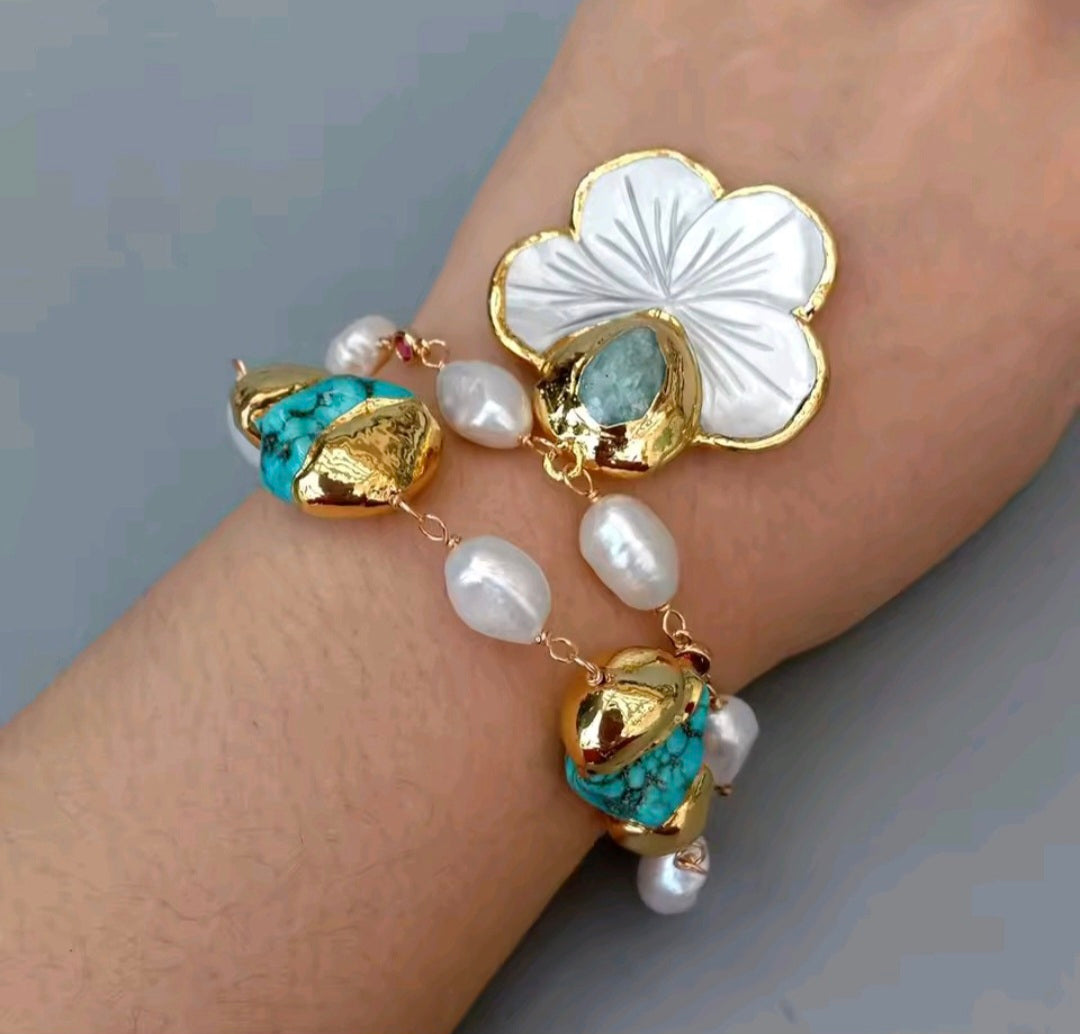 Set Pulsera y Pantalla Shell Flower Perlas Naturales Piedra Turquesa