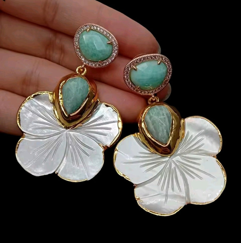 Set Pulsera y Pantalla Shell Flower Perlas Naturales Piedra Turquesa