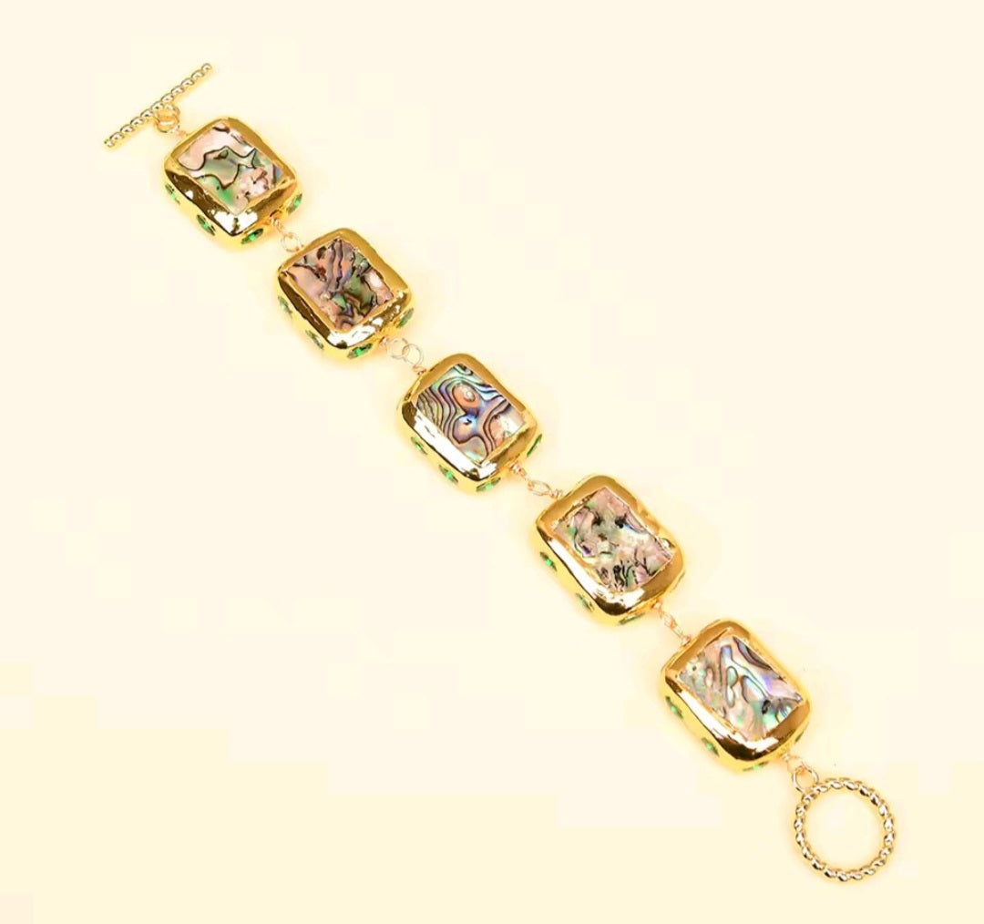 Set Collar y Pulsera Cuentas Envueltas en Cristal Verde y Concha de Abulón Arcoiris Chapado en oro 18k