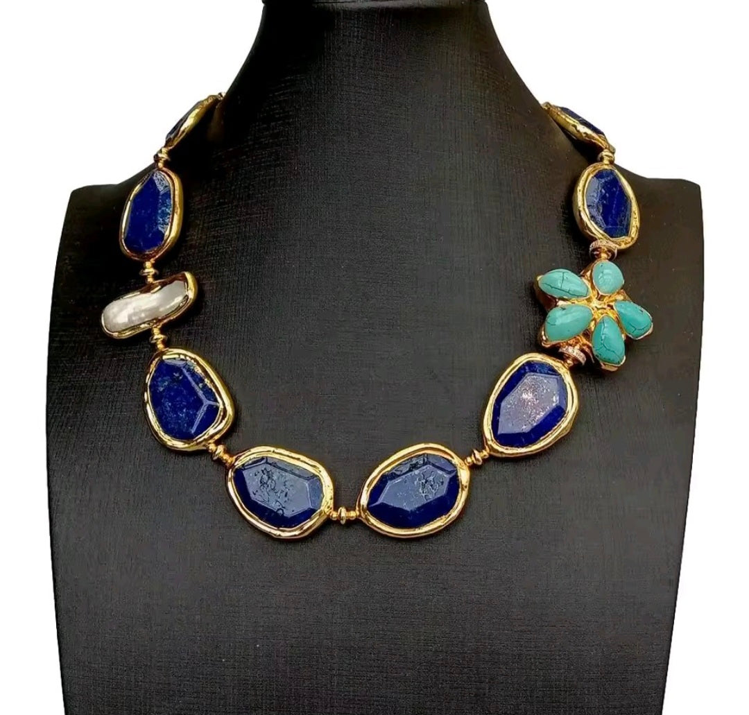 Set Collar y Pulsera Facetado Flor Turquesa