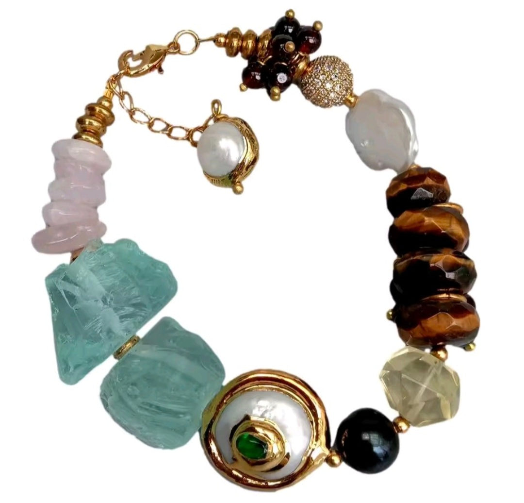 Set Pantalla y Pulsera Cuarzo Rosa, Perla de Agua Dulce Natural y Ojo de Tiguere