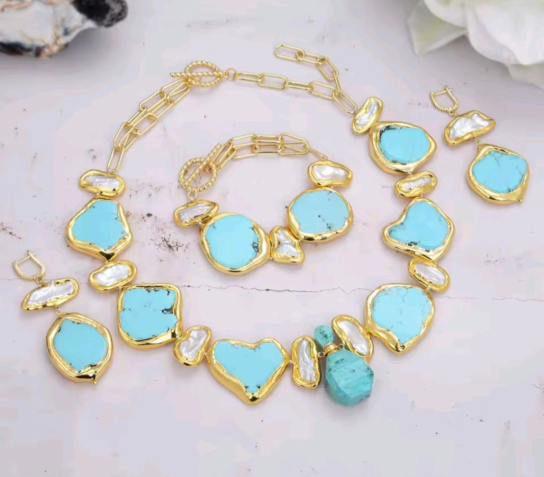 Set Collar, Pulsera y Pantallas Gemas Turquesa, Perlas Naturales