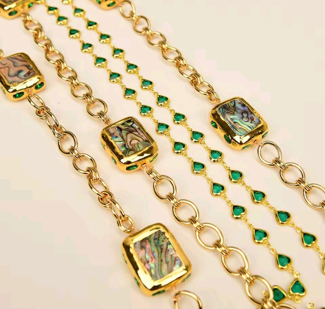 Set Collar y Pulsera Cuentas Envueltas en Cristal Verde y Concha de Abulón Arcoiris Chapado en oro 18k