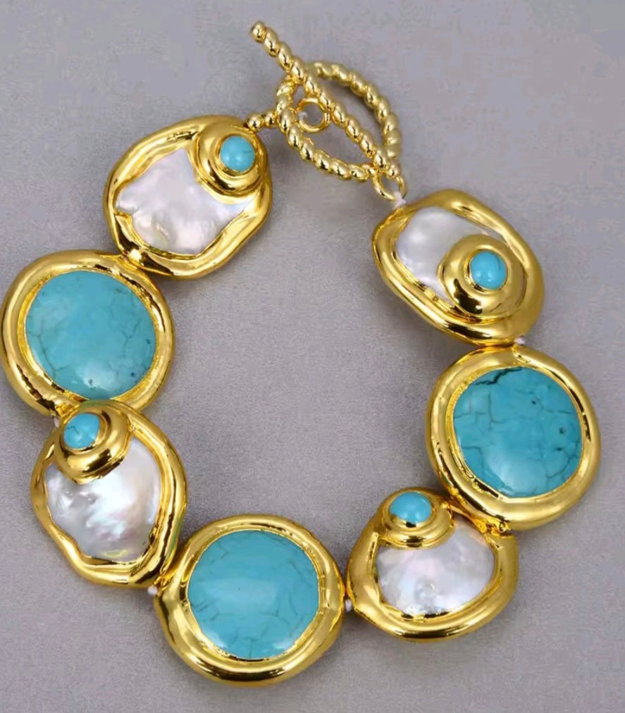 Set Moneda Barroca Cultivada Natural,Perla Natural, Piedra Turquesa