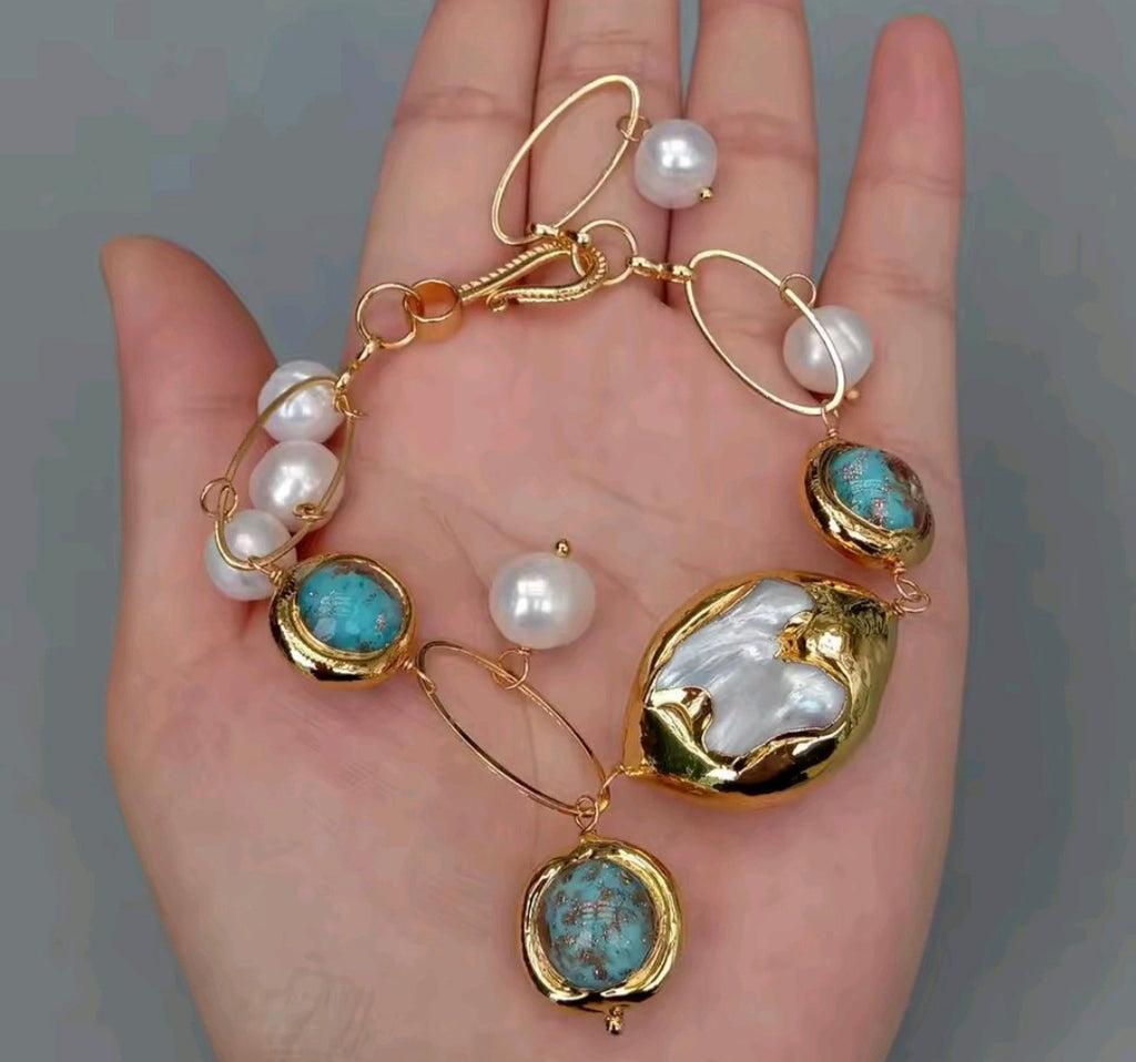 Pulsera cristal Murano Azul concha de Nacar y Perlas Cultivadas Natural