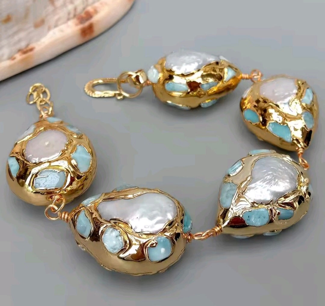 Pulsera Chips De Larimar Azul Perla De Agua Dulce