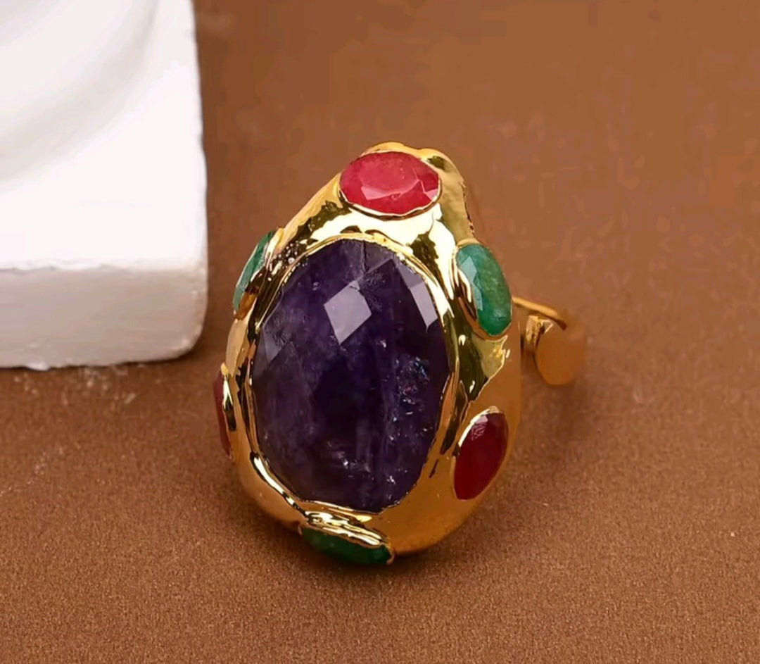 Sortija de Piedra de Jade Rojo y Verde en Cuarzo, Amatista Purpura