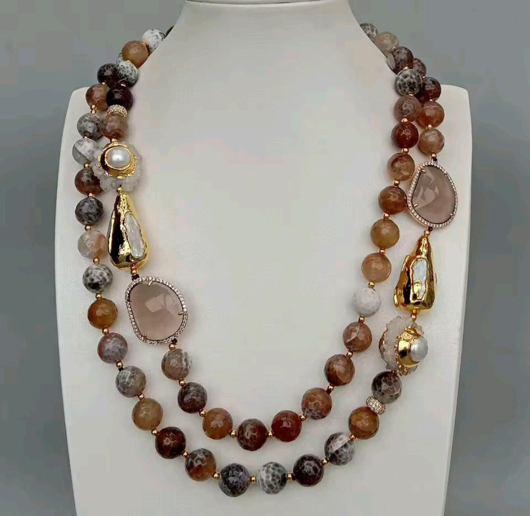 Set Collar y Pulsera Agatas de Fuego, Perla, Cuarzo