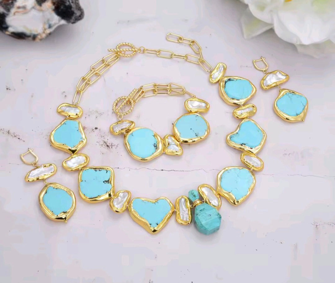 Set Collar, Pulsera y Pantallas Gemas Turquesa, Perlas Naturales
