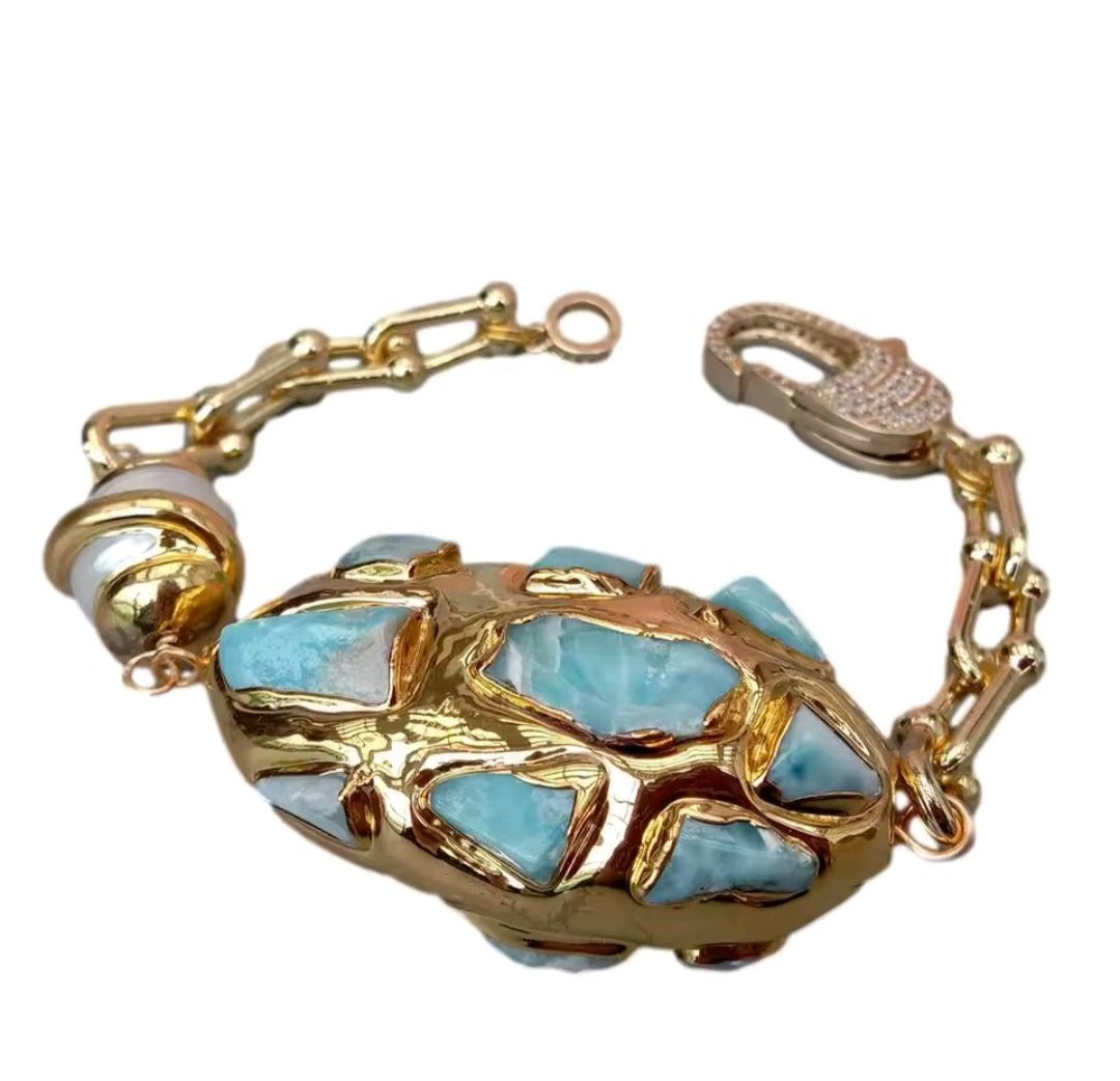 Pulsera Chips de Larimar Azul y Perla Natural